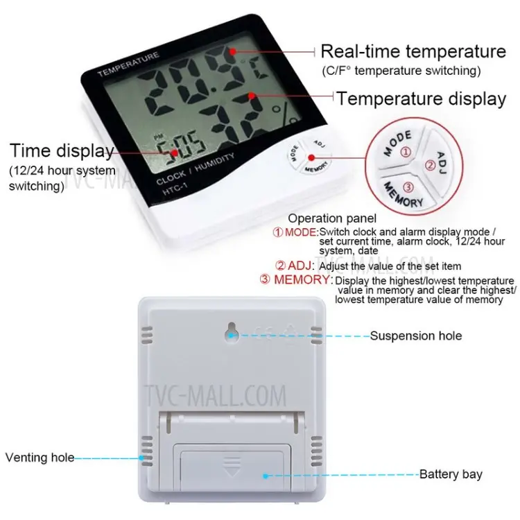 HTC-1 Digital LCD Thermometer Hygrometer Humidity Meter Room Indoor Temperature Clock